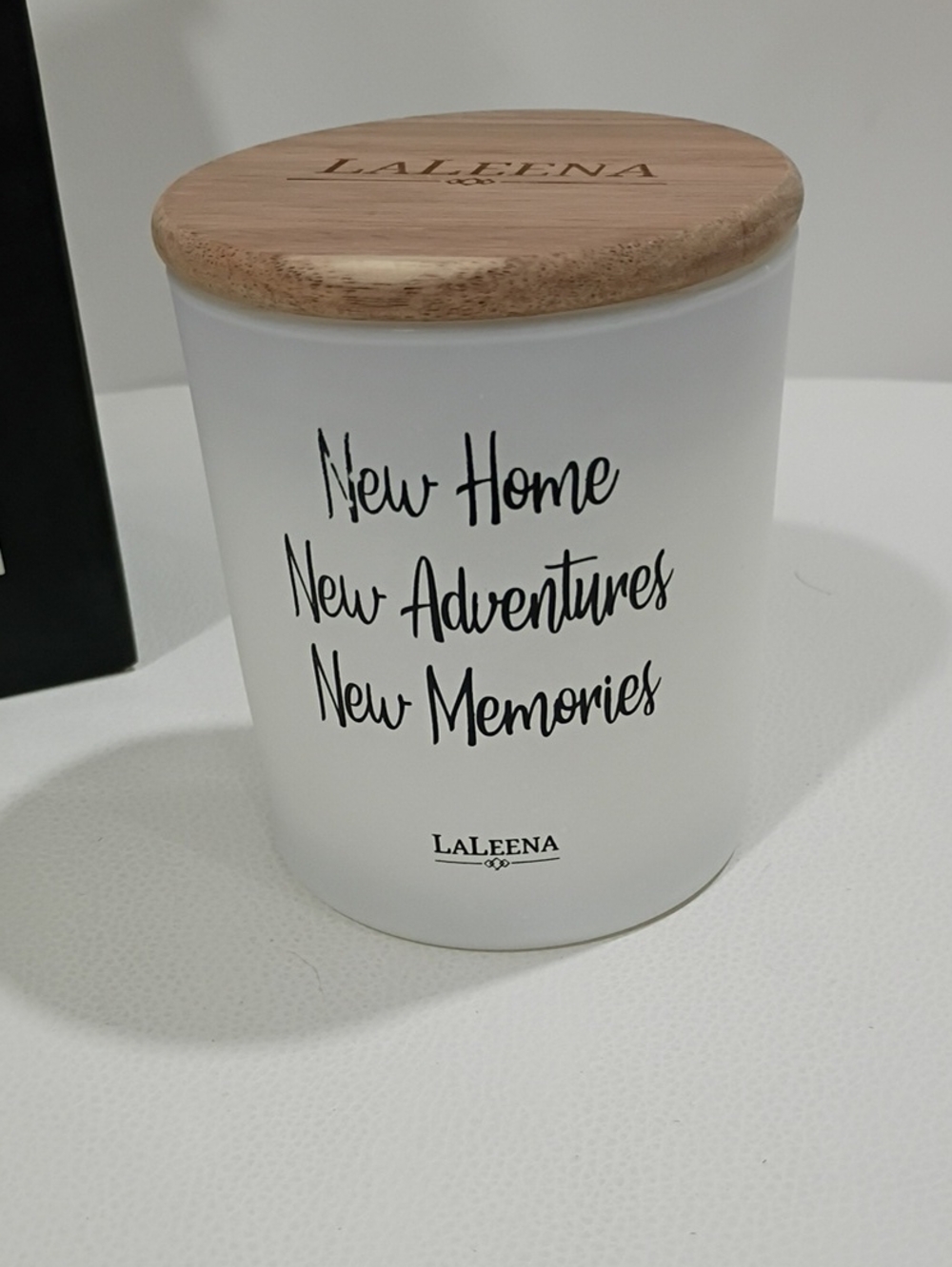 White Ceramic Candle Jar with Bamboo Lid - New Home Script